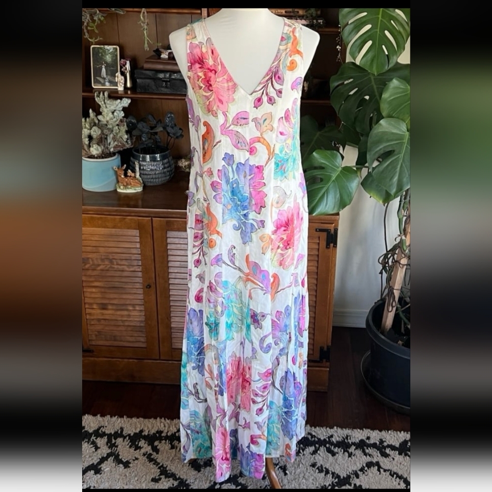 Soft Surroundings FLOURISH Maxi Dress Watercolor PAINTERLY Floral Size Small